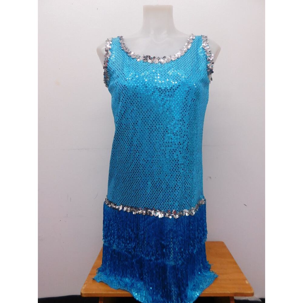 Pre-Owned Costume Joanna   Medium Adult Turquoise Fringe Jazz Tap Sequin Flapper